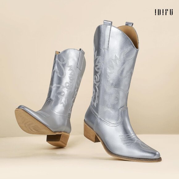 Women Silver Manmade Material Mid Calf Embroidered Low Heel Pointed Toe Boots - Picture 5 of 6